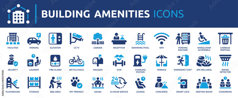 custom made wallpaper toronto digitalBuilding amenities icon set. Facilities, parking, elevator, garden, security, reception, swimming pool, concierge, pet friendly, gym and more. Solid vector icons collection.
