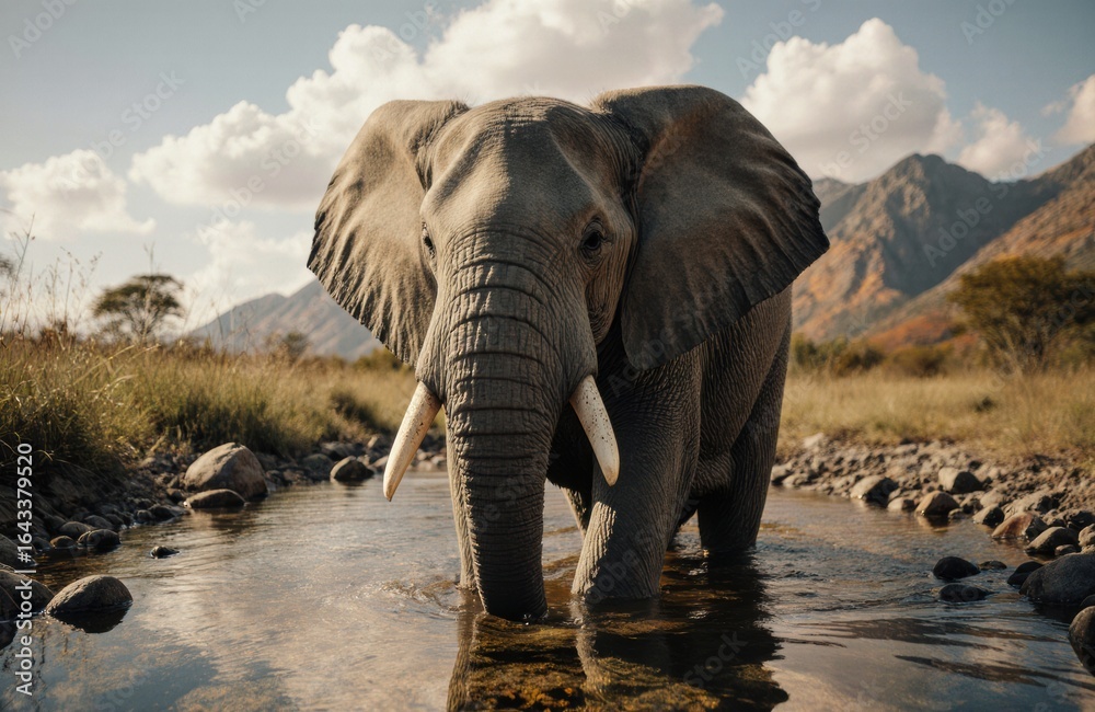 Fototapeta premium An elephant standing in a river with mountains and cloudy sky in the background