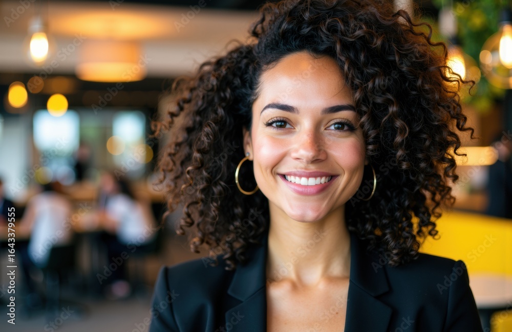 Woman with curly hair smiling in a modern indoor setting Woman with curly hair smiling in a modern indoor setting