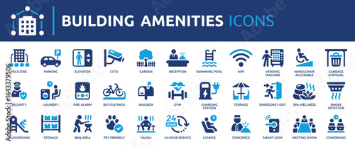 Building amenities icon set. Facilities, parking, elevator, garden, security, reception, swimming pool, concierge, pet friendly, gym and more. Solid vector icons collection.
