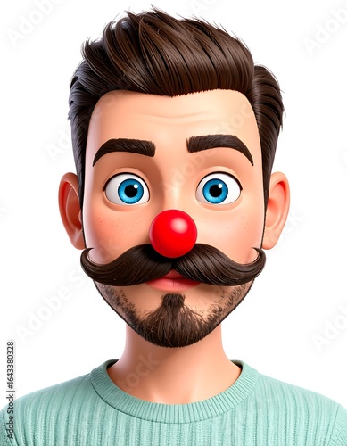 Cartoon man with red nose and mustache