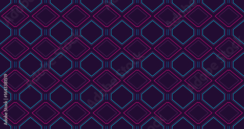Repeating neon diamond pattern with purple and blue lines on dark backdrop