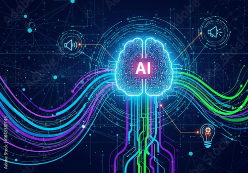 Futuristic vector illustration of artificial intelligence brain with digital data flow and neural network connections