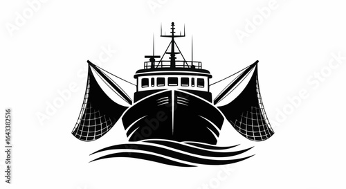 Fishing ship icon. Trawler. Black silhouette. Front view. Vector simple flat graphic illustration. Isolated object on white background. Isolate. stock