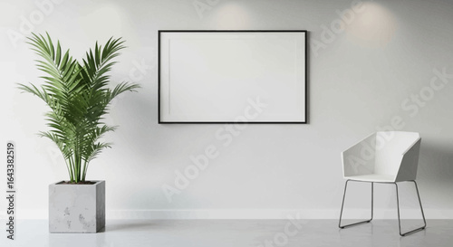 Modern interior with a plant, chair, and empty picture frame