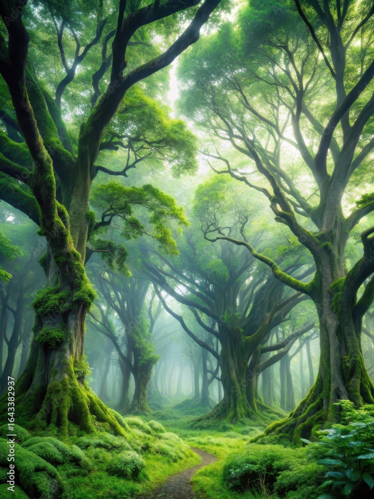 Naklejka premium Dense foliage with misty atmosphere amidst ancient trees