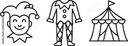 vector illustration of joker face, joker costume and circus tent