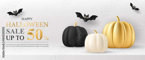 Happy Halloween sale banner with luxury gold pumpkin and black bats on white background. Discount promotion, online shopping, special offer coupon, website, social media. vector illustration