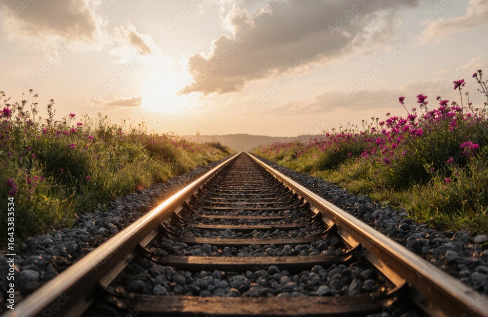 Obraz premium A railway track extends into the distance through a scenic landscape at sunset