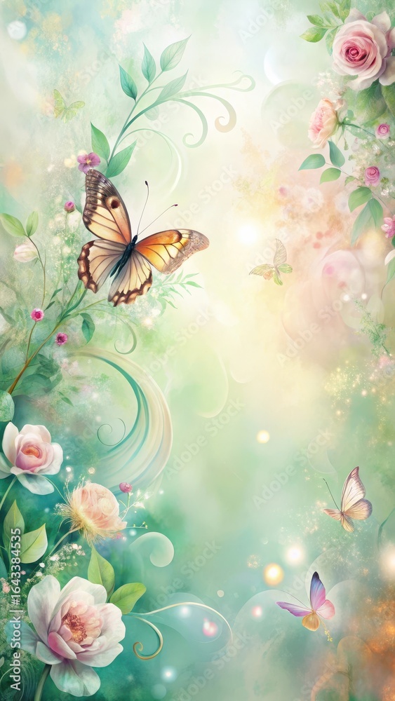 Fototapeta premium Floral swirls in soft pastel hues with delicate butterfly wings dancing amidst the abstract brushstrokes and lush greenery