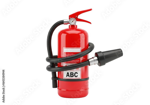 Vivid Red Fire Extinguisher with Black Hose and Nozzle, Featuring Clear ABC Labeling, Isolated on a Transparent Background, Ideal for Safety and Emergency Visuals