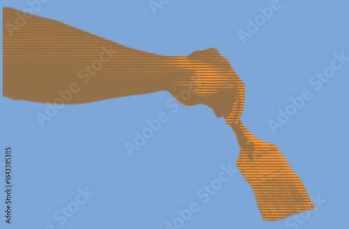 close up of hand holding paintbrush color halftone dotted texture style collage element isolated on blue background