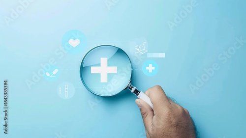 Magnifying Glass Highlighting Plus Sign on Blue Background, Health, Benefits, and Positive Solution Concept