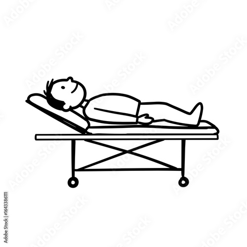 Person lying on gurney in medical setting with relaxed expression  