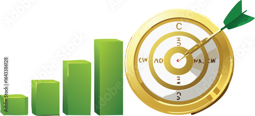 Dart hitting target. Carbon emission reduction target, Golden economy and sustainability Net Zero future. Sustainable development, Energy goals. CO2 emission graph, Goals sustainable planet.