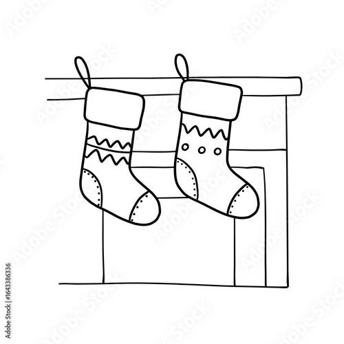 Christmas socks hanging from mantel in simple line art style  