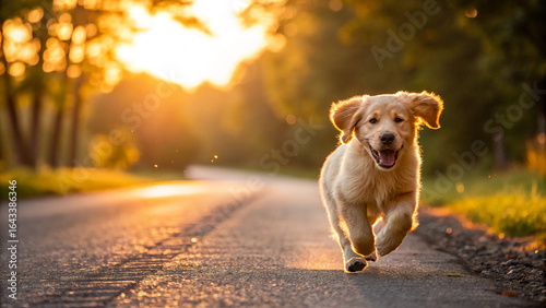 Joyful golden retriever puppy bounding with pure happiness down a sun-drenched country road, capturing the essence of freedom and energetic play