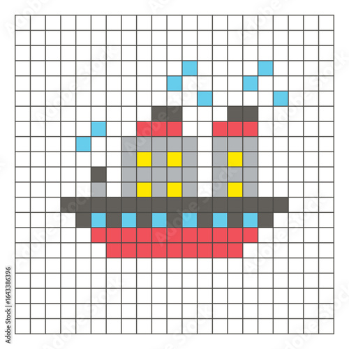 A flat pixel design made of geometric square color blocks on a clean grid layout. Pixel art ship
