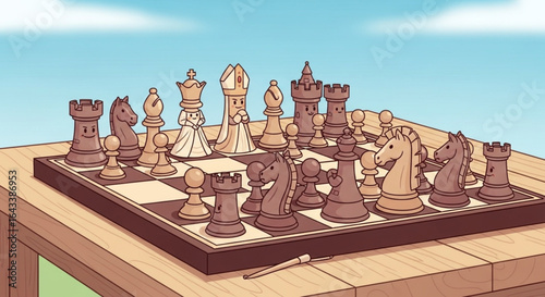 Cartoon vector illustration of chess board with cute chess pieces characters