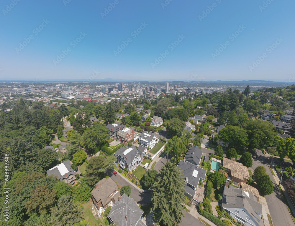 Fototapeta premium Aerial landscape of Central downtown Portland neighborhood skyline sunny summer day in Oregon