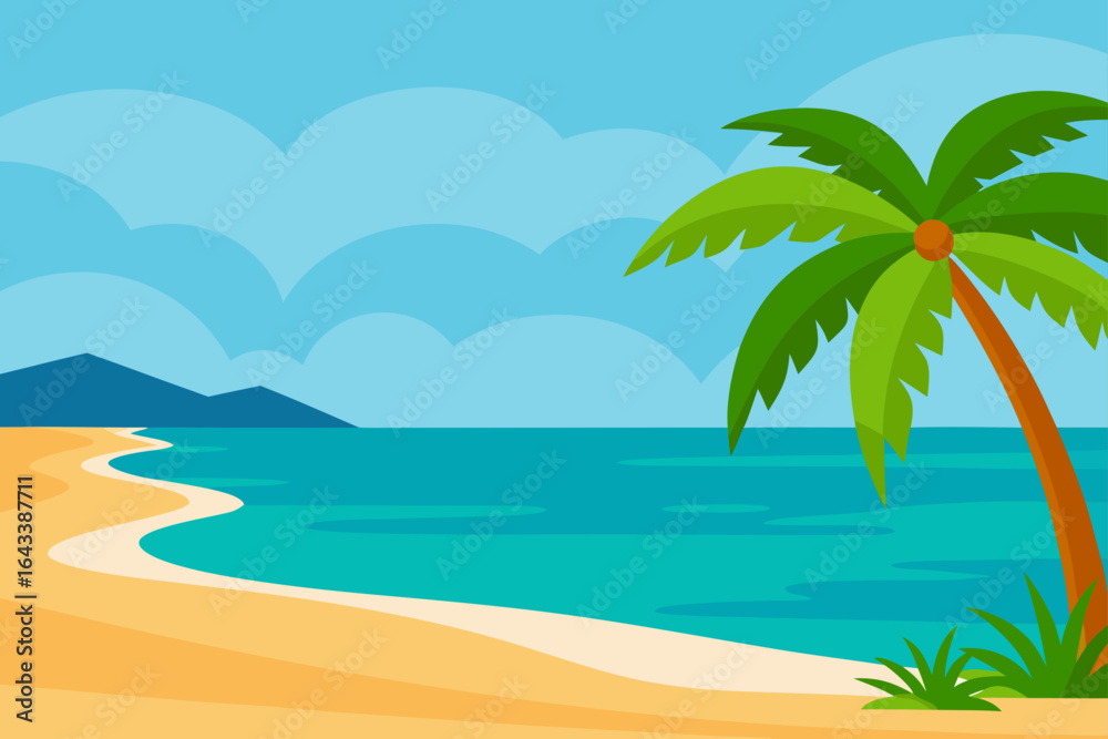 Obraz premium Illustration of a tropical beach with a palm tree and ocean