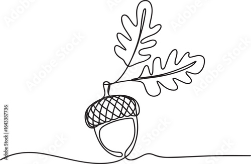 Continuous one line art of a falling acorn with swirling leaves, minimalist single line drawing in black on white

