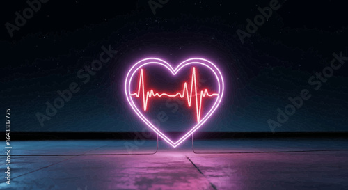 Neon heart with ecg pulse line in futuristic setting