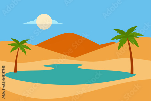 Illustration of a desert oasis with palm trees and dunes