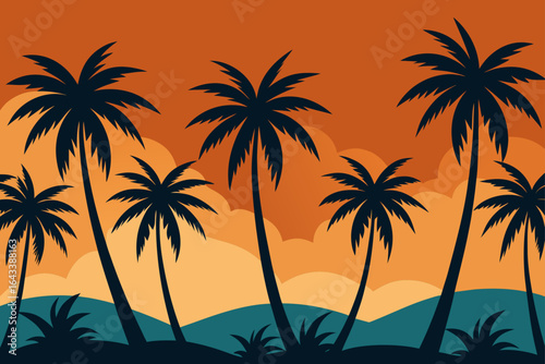 Silhouette of palm trees against an orange and blue sky