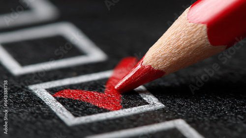 Close-up of a red colored pencil marking a check inside a black checkbox on white paper for task completion