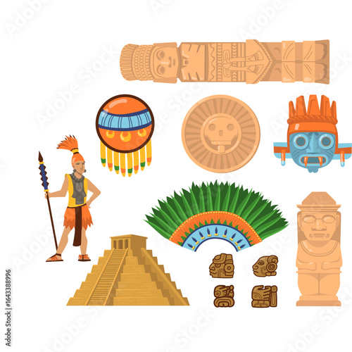 Ancient Cultural Artifacts and Warrior Vector Illustration Set