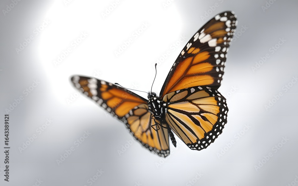 Fototapeta premium Close up of a monarch butterfly in flight with wings spread wide
