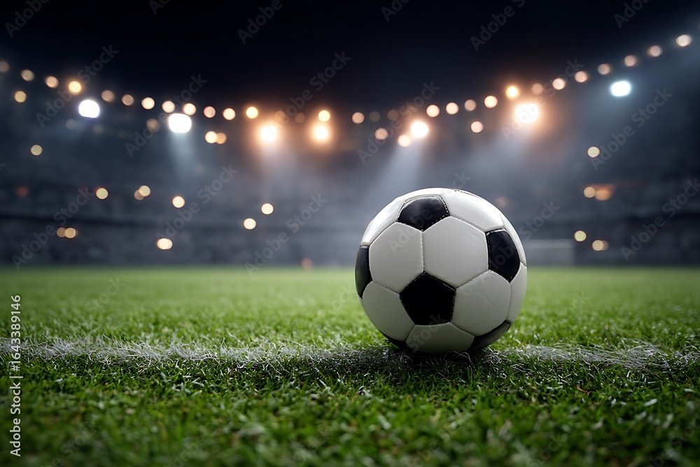 Fototapeta premium Soccer ball on stadium grass illuminated by spotlights 