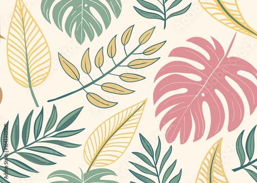 Seamless repeating pattern of hand-drawn tropical leaves, vector style, soft pastel colors