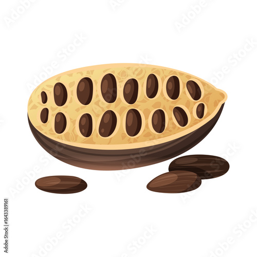 Halved raw cocoa pod with beans, a natural chocolate ingredient