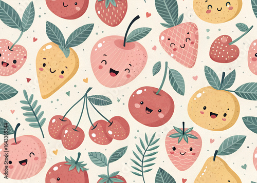 Seamless kawaii fruit pattern, cartoon strawberries, cherries, and peaches, pastel color