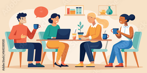  Employees discussing ideas around table with coffee mugs, flat vector corporate teamwork and creativity concept illustration