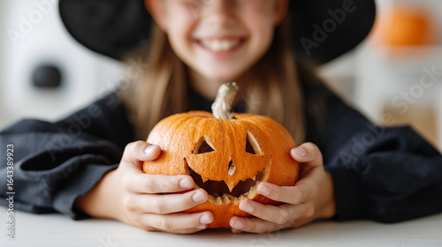 Happy child holding a carved jack-o-lantern pumpkin with a smiling face during Halloween celebration