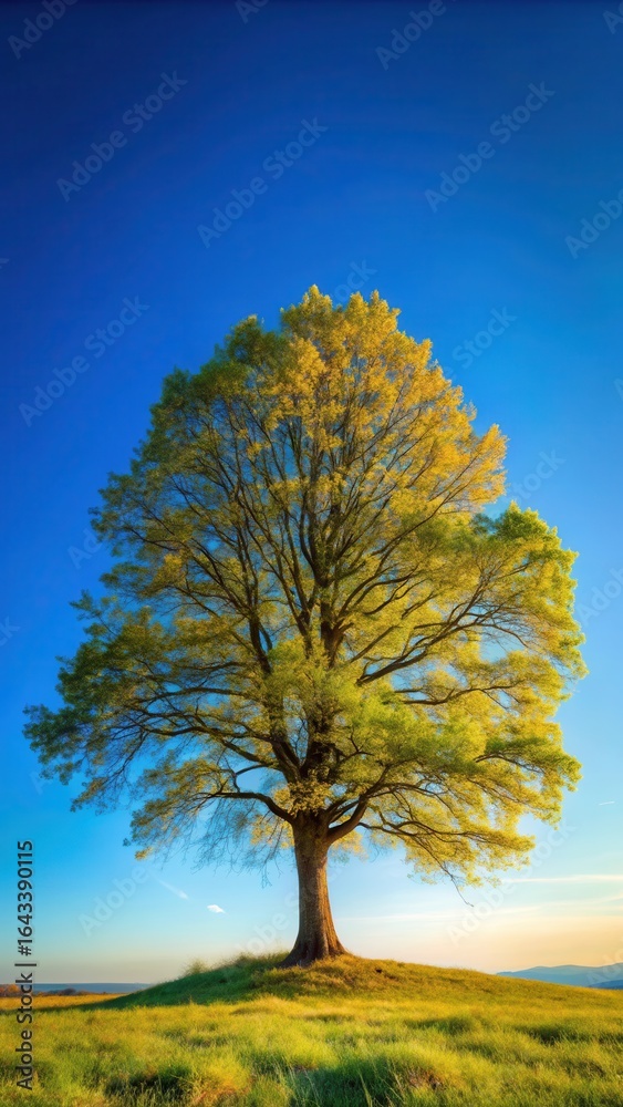 Obraz premium A lone tree stands strong against a clear blue sky with warm sunlight filtering through its leaves as a gentle breeze rustles its branches