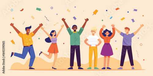 Group celebrating successful project launch with confetti, flat vector corporate teamwork and achievement concept illustration