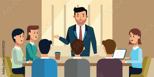  Employees gathered around giant calendar planning tasks, flat vector corporate scheduling teamwork concept illustration