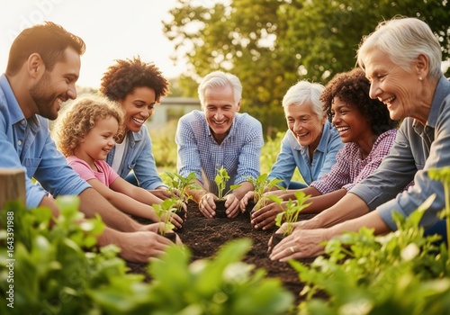 A happy multi-generational and diverse group of friends and family is planting seedlings in a garden, gardening, sustainability, community, healthy living.