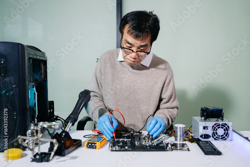 Wallpaper Mural Skilled electronics technician repairing a computer motherboard with tools and precision in a modern workshop, showcasing technology Torontodigital.ca