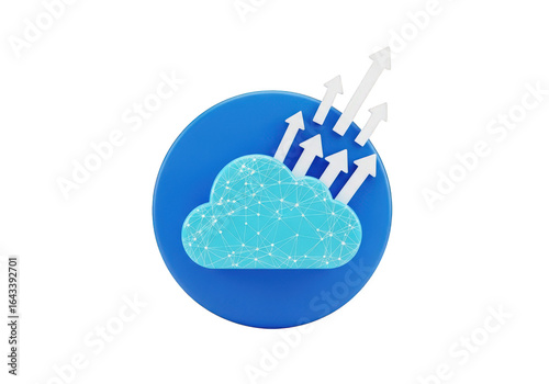 A 3D Cloud Icon with Ascending Arrows on a Blue Circular Base, Representing Cloud Computing and Data Growth, Set Against a Transparent Backdrop for Versatile Use