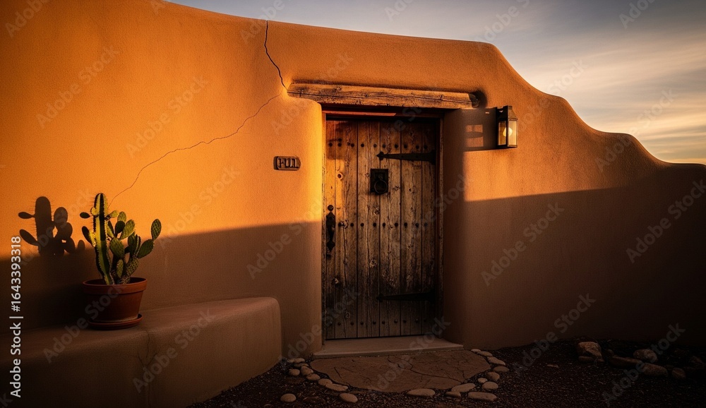Fototapeta premium Detail of curved adobe wall with rustic wooden door in Santa Fe style, warm desert tones.