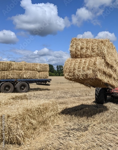 Special equipment loads large bales of straw onto a trailer. Work in the field after the harvest under the summer sky. The photo shows an important stage of agricultural work