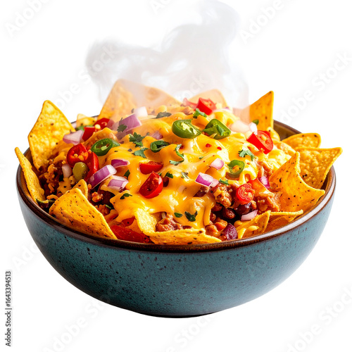 Delicious Nachos Delights Isolated On White Background: A mouthwatering close-up shot showcases a steaming bowl of savory nachos, a symphony of flavors with melted cheese, fresh toppings.