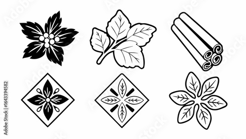 Assorted floral and spice elements including berries leaves cinnamon and floral square designs shown