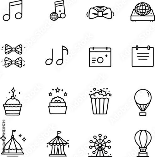 Grid of Sixteen Celebration and Event-Themed Icons in Black and White Line Style—Includes Musical Notes, Bow Ties, Cupcakes, Calendars, Circus Tents, Ferris Wheel, and Hot Air Balloons for Party Invit