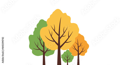 A vibrant autumnal woodland scene featuring stylized trees against white
